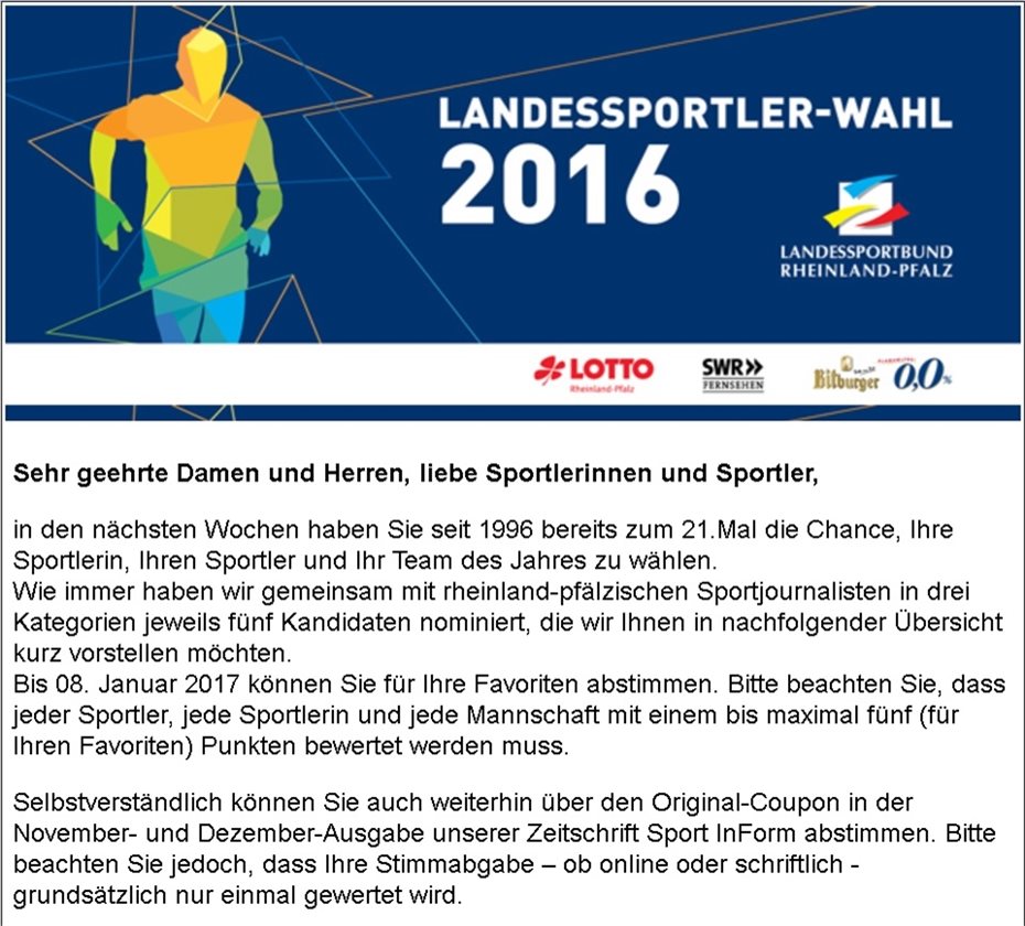 Rheinland-Pfälzische Sportler des Jahres 2016 gesucht